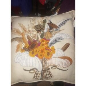 Finished Crewel Embroidery Plumes And Floral Vintage Throw Pillow 14x14
